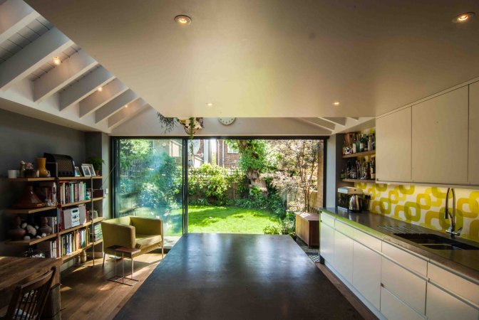 Roof glazing with white cross-members above the Oldfield Rd kitchen, with recessed lights in the ceiling
